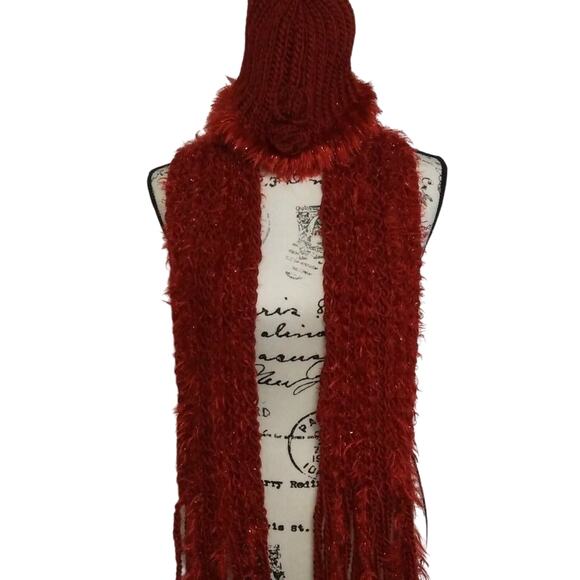 Glittery Winter Beanie Hat and Oblong Scarf Set Fringe Trim Faux Fur Rust Color - Picture 1 of 8